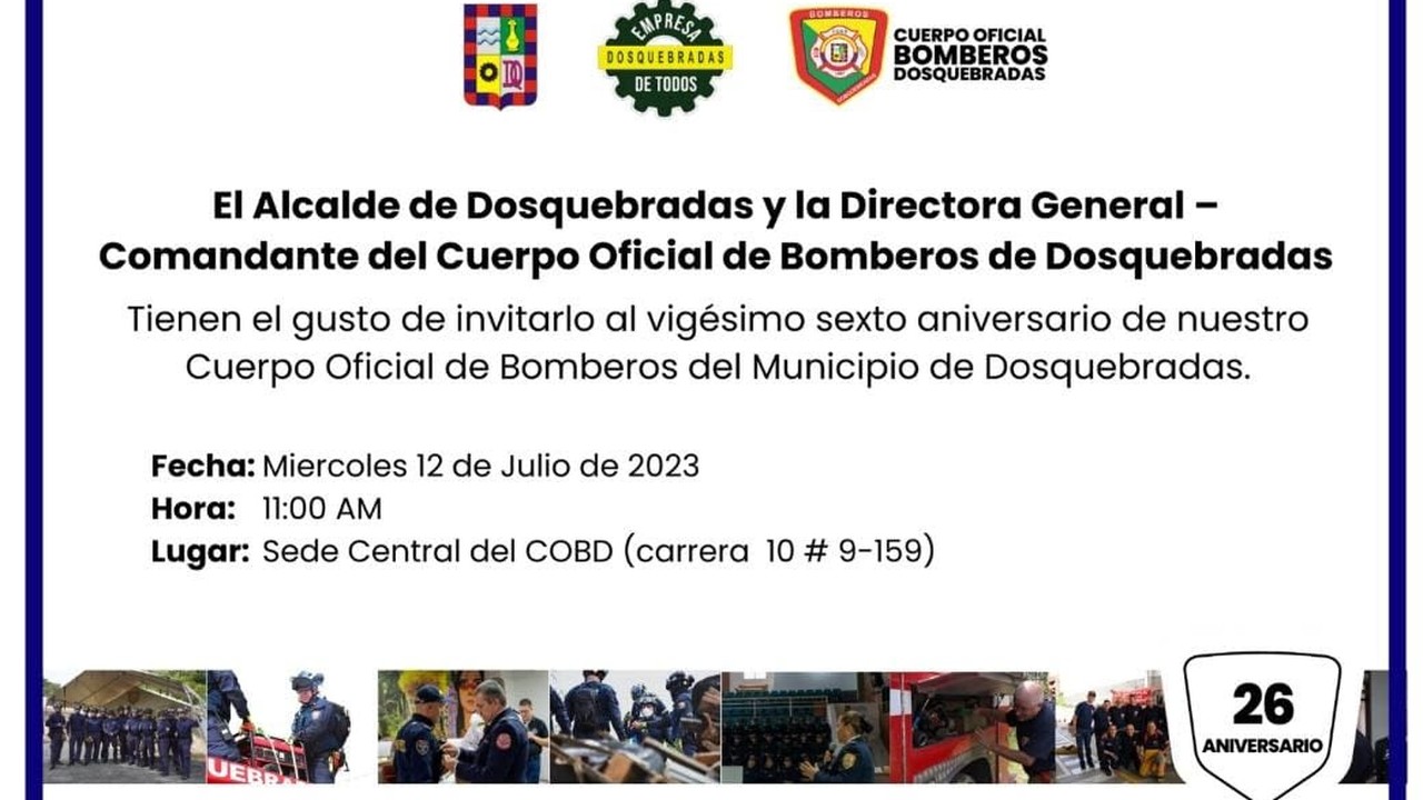 Tarjeta de invitación a vigésimo sexto aniversario del cuerpo oficial de bomberos de Dosquebradas
